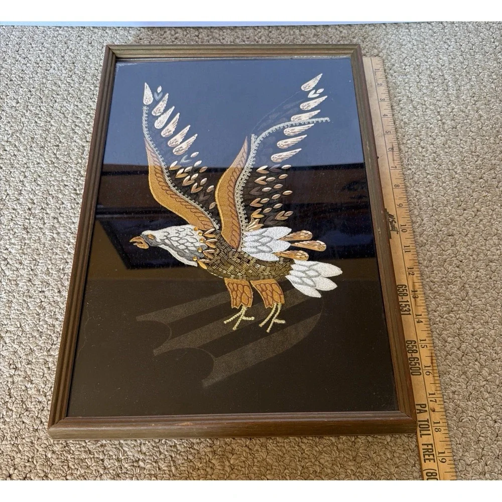 Velvet Bald Eagle Silk Screen Beaded Sequin Embroidered Applique Framed Wall Art